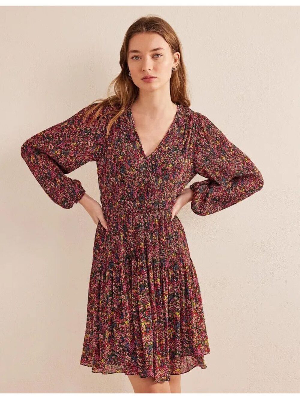 Boden V-Neck Plissé Mini Dress US 8R Multicolor Floral Pleated Long Sleeve